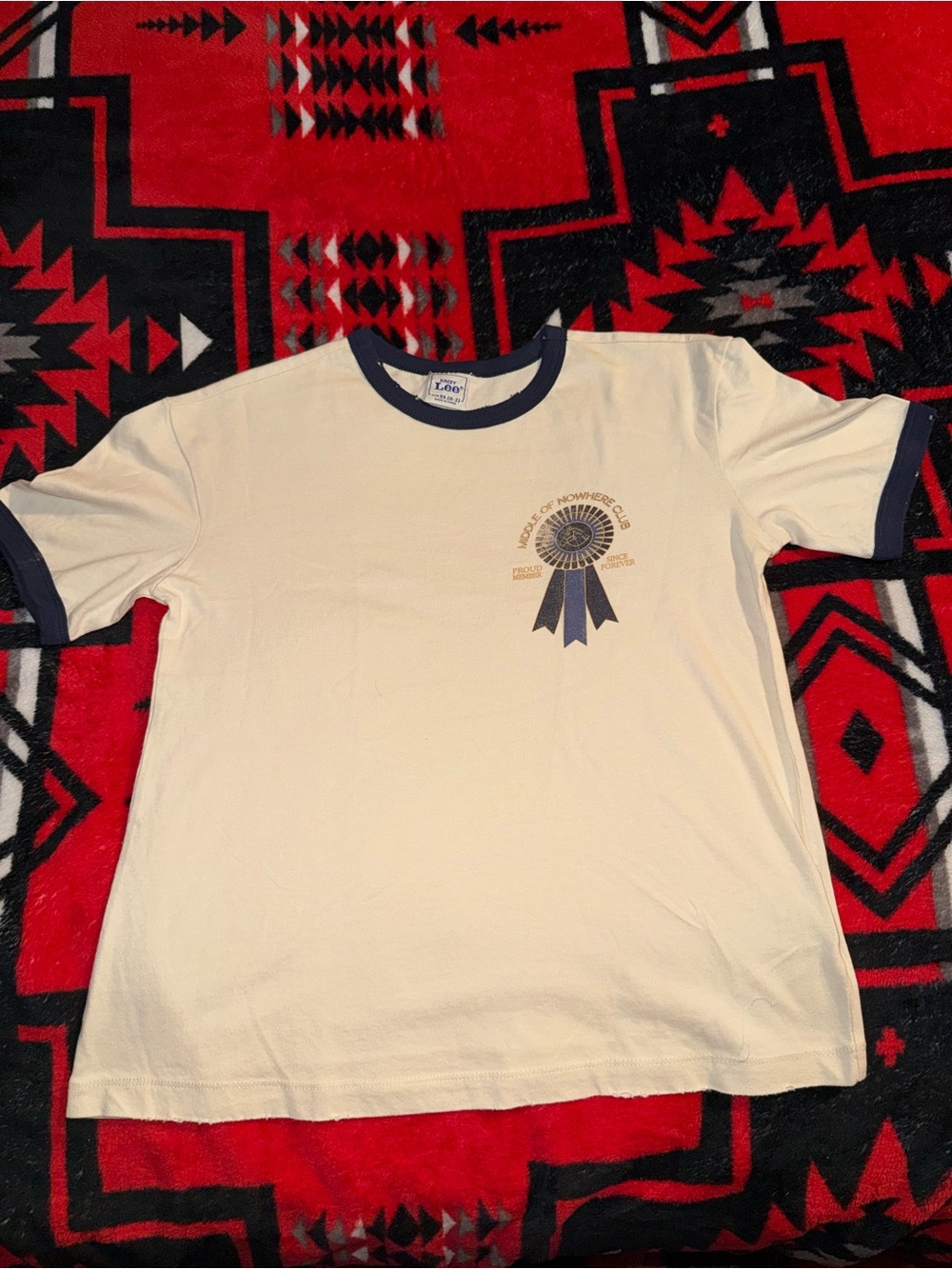 Lee Cream Ringer Tee with Navy Trim and Ribbon Graphic